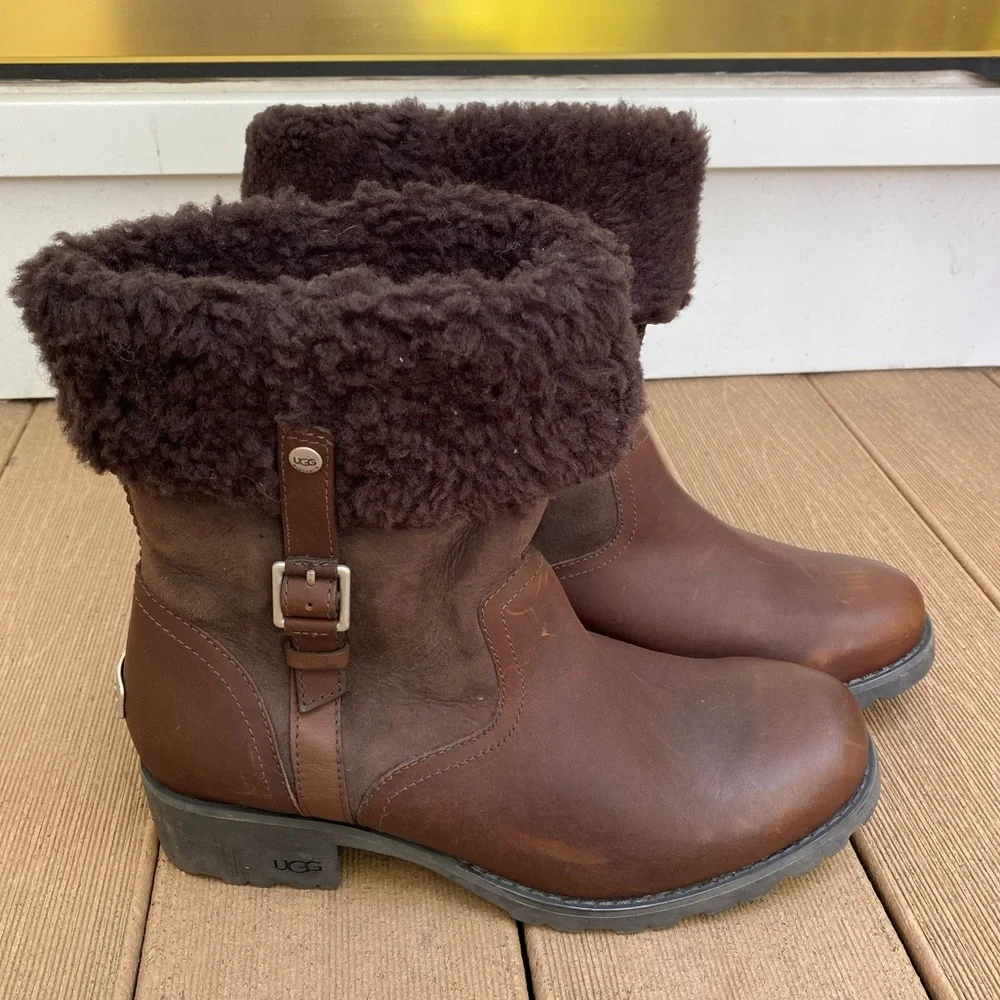 NWT UGG Women's Bellvue || Dark Brown Leather Boots Espresso Sherpa Lined Sz 10